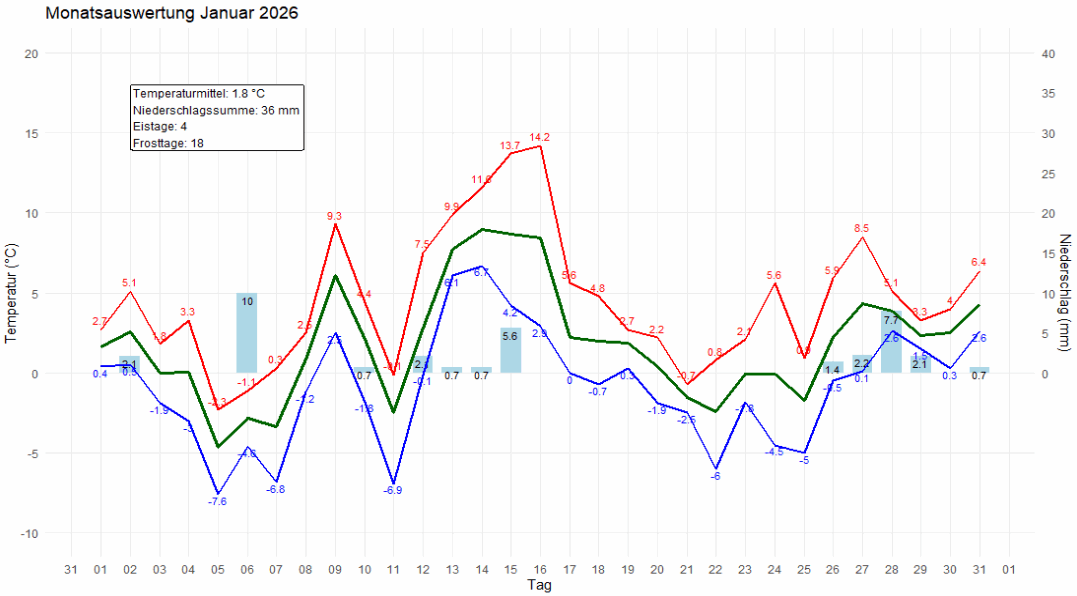 Temperatur und Niederschlag im Januar 2026, Station: Mannheim